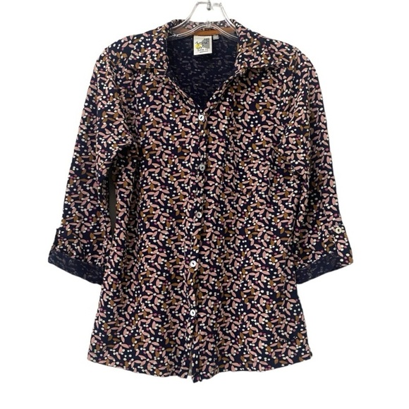 Weird Fish Tops - Weird Fish Ginny Organic Jersey Shirt Dark Navy Button Up 3/4 Sleeve Blouse Top